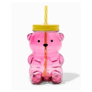 Pink Teddy Bear Glass Tumbler With Yellow Lid & Striped Straw